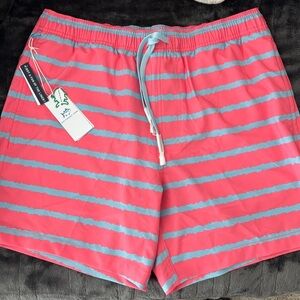 NWT Southern Tide Bayshore Stripe Swim Trunk in Sunkist Coral Size Medium